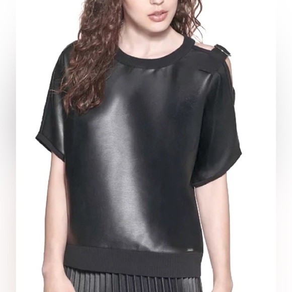 DKNY FAUX LEATHER SHOULDER DETAIL BLACK TOP Size S NWOT - Picture 3 of 5